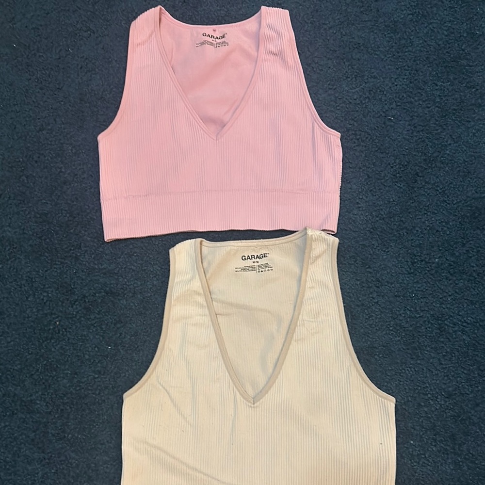 Garage V-Neck Ribbed Tops in Pink and Cream